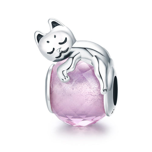 Authentic 100% 925 Sterling Silver Cute Cat Pussy Big Stone Charm Beads fit Women Bracelet DIY Beads Jewelry SCC447